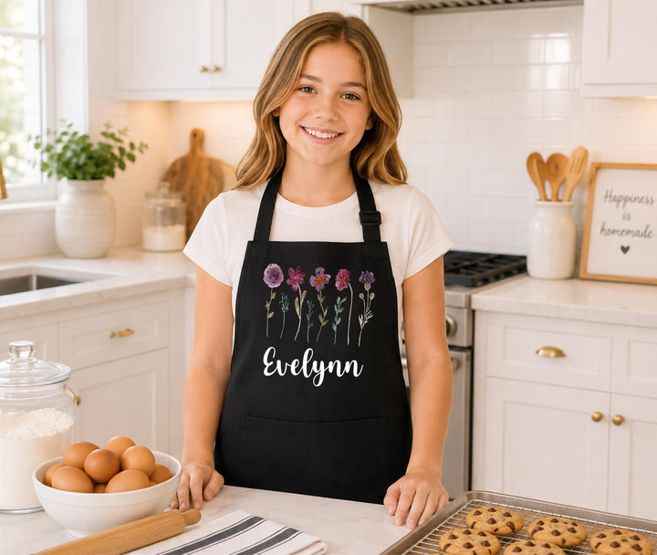 Purple Wildflower Apron, Matching Mommy and Me Apron, Custom Name Baking Apron, Floral Kitchen Gift