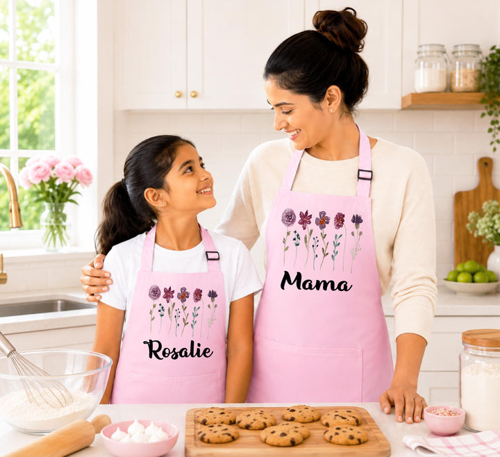 Purple Wildflower Apron, Matching Mommy and Me Apron, Custom Name Baking Apron, Floral Kitchen Gift