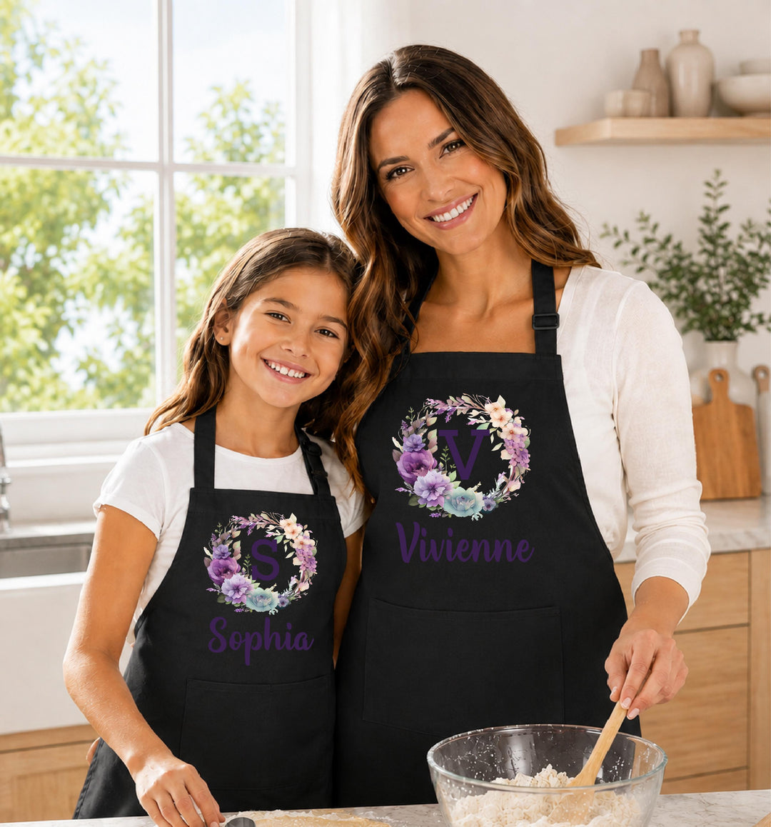 Personalized Initial Apron, Purple Floral Wreath Apron, Custom Name Mom Daughter Aprons, Matching Baking Gift, Monogram Kitchen Apron