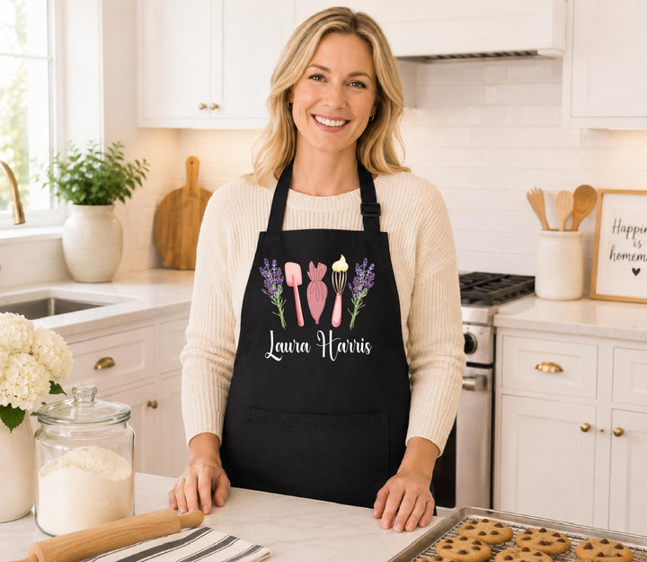Personalized Mom Daughter Aprons, Lavender Baking Apron, Custom Name Floral Kitchen Apron, Matching Mommy Me Apron, Baker Gift