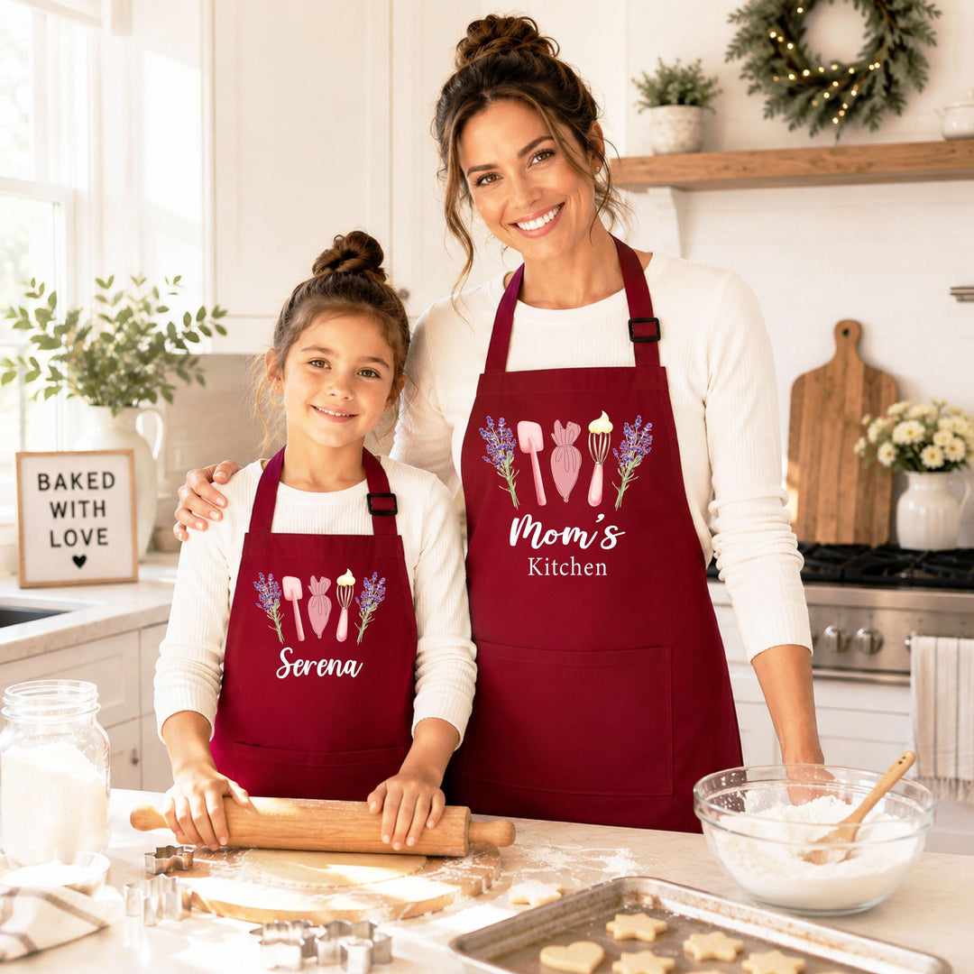 Personalized Mom Daughter Aprons, Lavender Baking Apron, Custom Name Floral Kitchen Apron, Matching Mommy Me Apron, Baker Gift