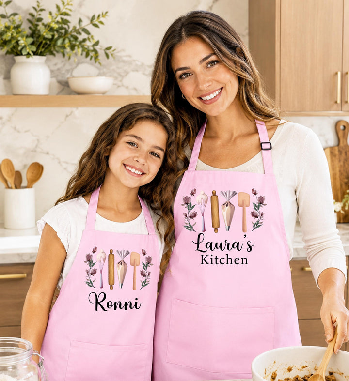 Custom Name Kitchen Apron, Matching Mommy Me Baking Gift , Floral Baking Utensil Apron