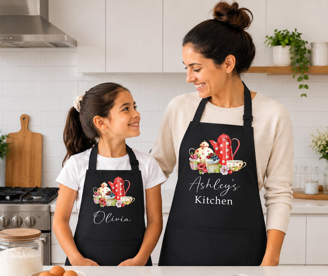 Custom Name Baking Aprons, Mother Daughter Gift, Tea Party Apron Personalized Mom and Daughter Aprons