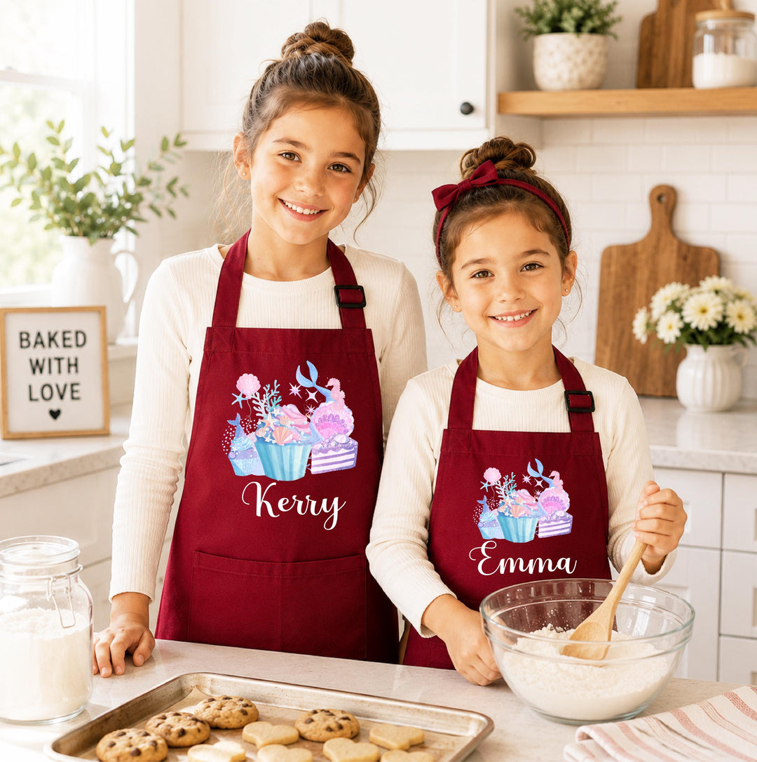 Personalized Kids Apron for Girl, Custom Name Baking Apron, Mermaid Cupcake Apron, Little Chef Gift, Birthday Gift for Daughter