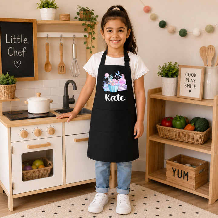 Personalized Kids Apron for Girl, Custom Name Baking Apron, Mermaid Cupcake Apron, Little Chef Gift, Birthday Gift for Daughter