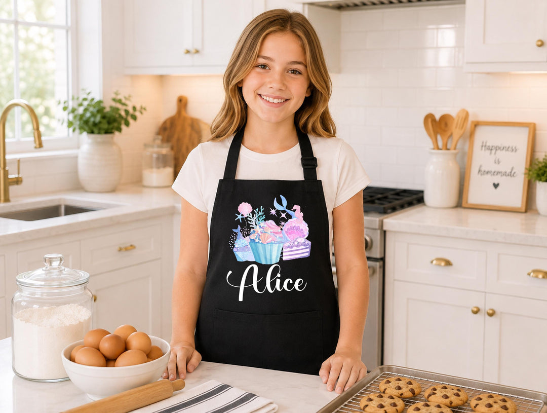 Personalized Kids Apron for Girl, Custom Name Baking Apron, Mermaid Cupcake Apron, Little Chef Gift, Birthday Gift for Daughter