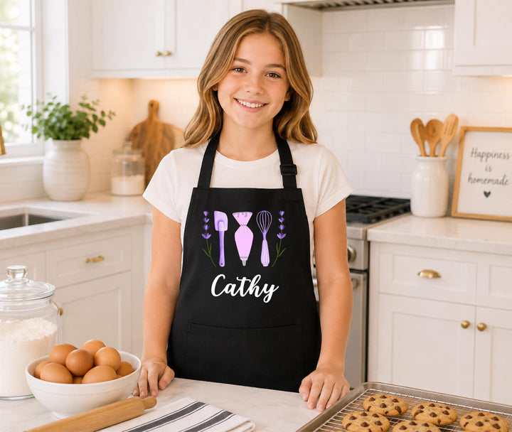Personalized Girls Baking Apron, Lavender Baking Utensil Apron, Custom Name Kids Apron, Mom Daughter Matching Aprons, Little Baker Gift