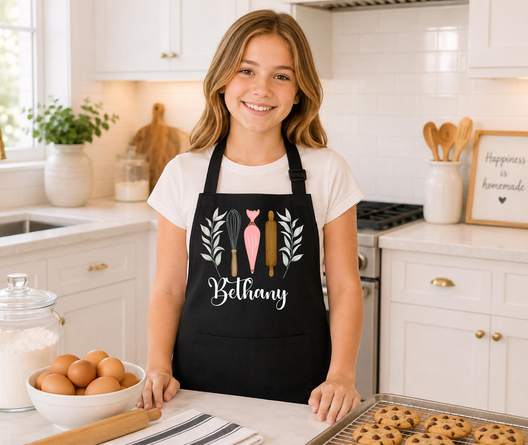 Personalized Mom Daughter Aprons, Botanical Baking Apron, Custom Name Kitchen Apron, Matching Mommy Me Apron, Little Baker Gift
