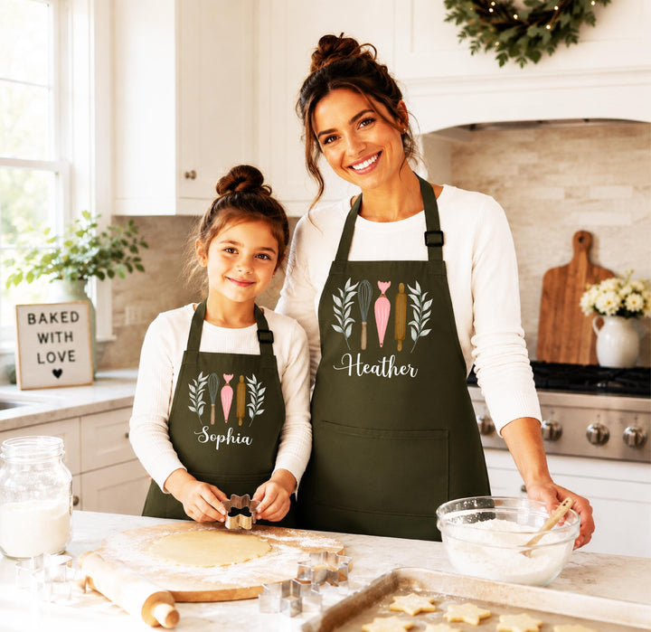 Personalized Mom Daughter Aprons, Botanical Baking Apron, Custom Name Kitchen Apron, Matching Mommy Me Apron, Little Baker Gift