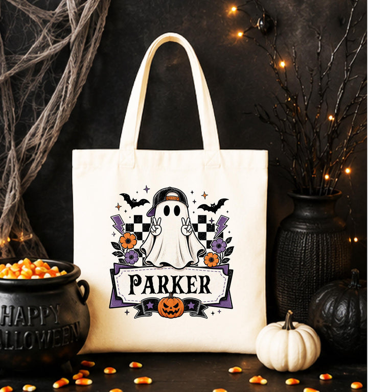 Personalized Retro Ghost Halloween Tote – Custom Name Candy Bag