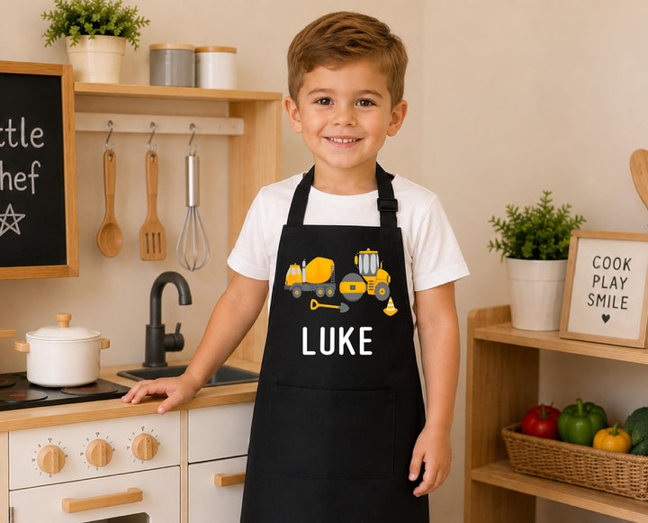 Personalized Construction Apron for Boys, Custom Name Kids Baking Apron, Truck Digger Little Chef Apron, Birthday Christmas Gift