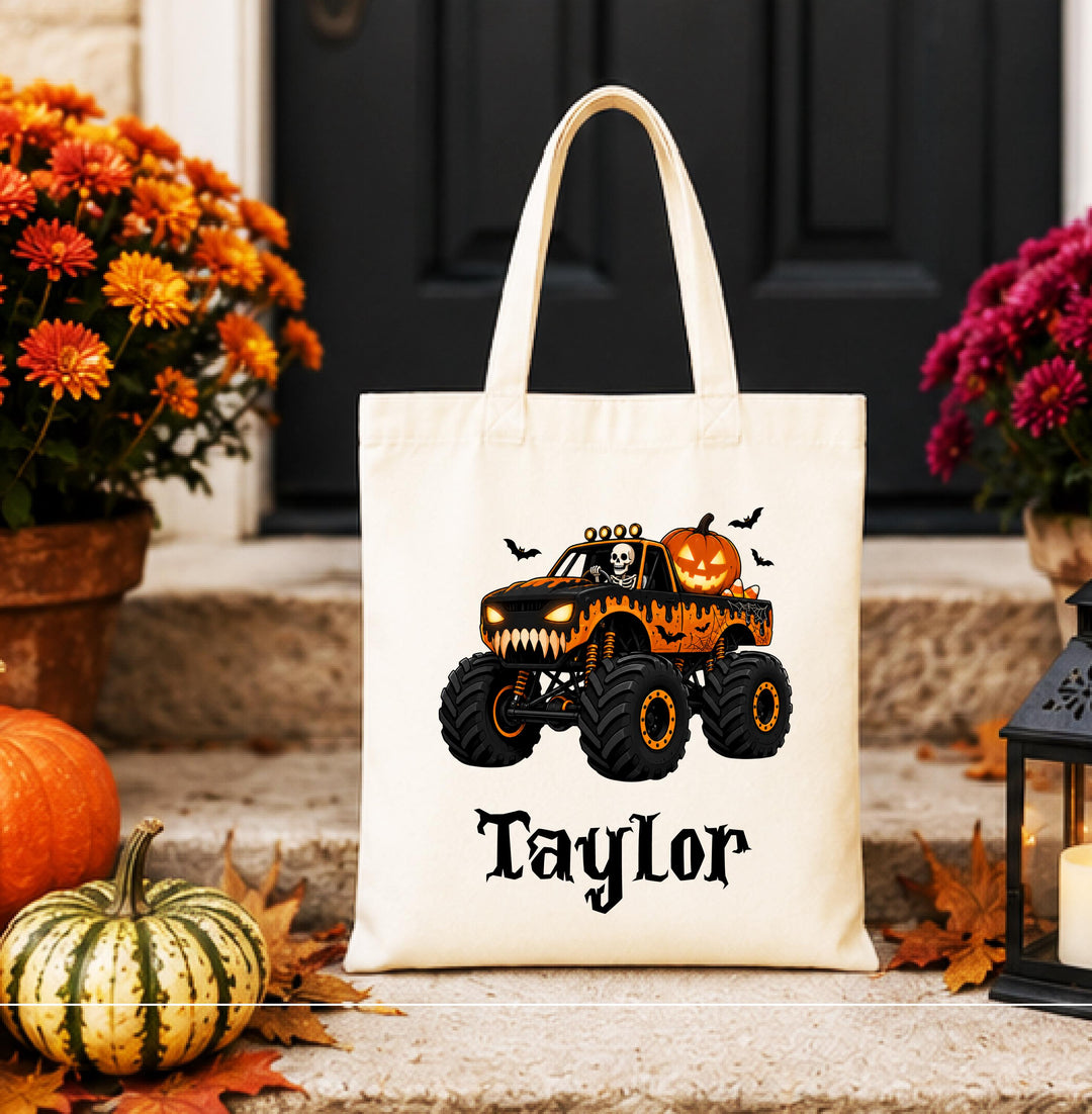 Personalized Monster Truck Skeleton Halloween Tote – Custom Name Candy Bag