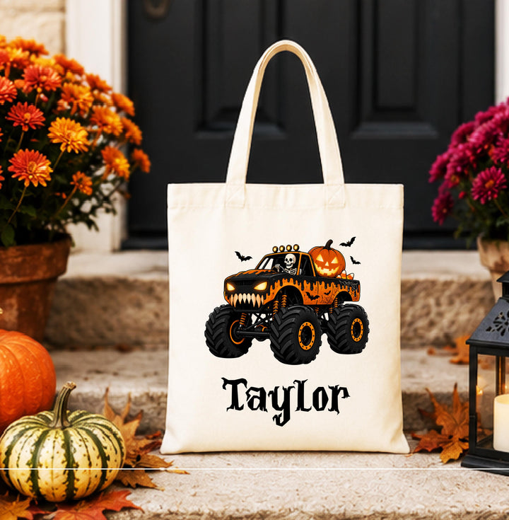 Personalized Monster Truck Skeleton Halloween Tote – Custom Name Candy Bag