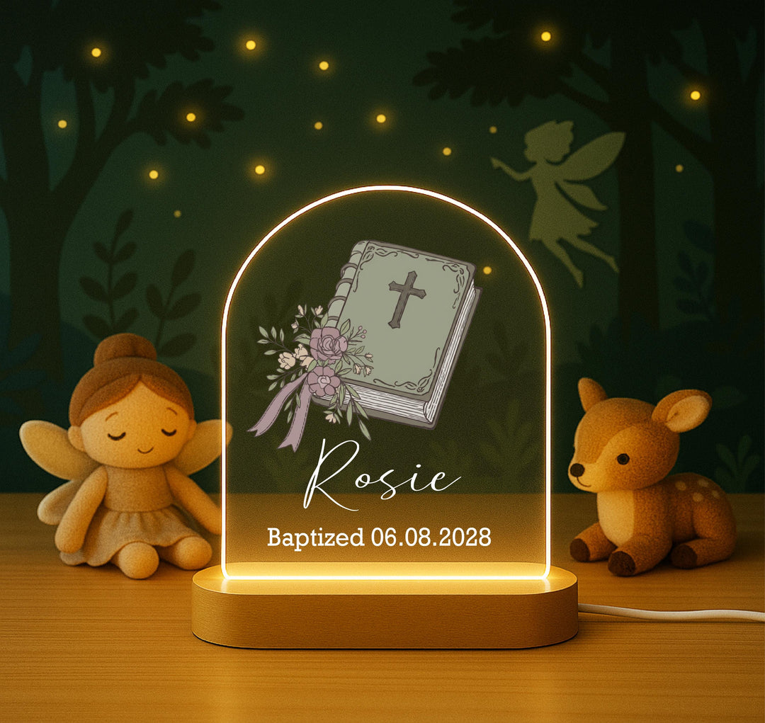 Personalized Baptism Night Light, Christian Gift for Kids, Custom Name Bible LED Lamp, Baptized Keepsake, Christening Gift for Girl Boy