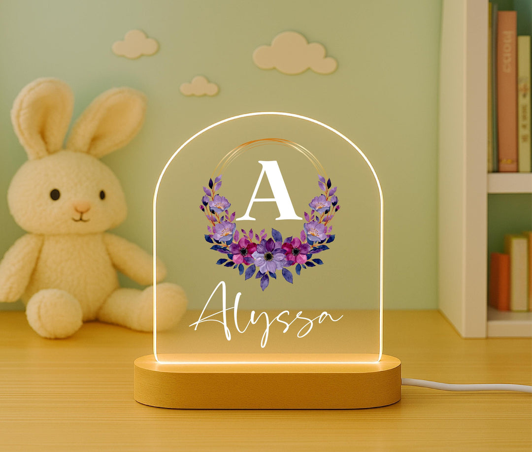 Personalized Name Night Light, Floral Monogram LED Lamp, Custom Initial Nursery Decor, Girls Bedroom Light, Birthday Gift for Her