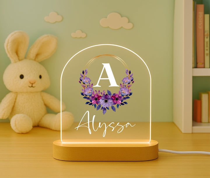 Personalized Name Night Light, Floral Monogram LED Lamp, Custom Initial Nursery Decor, Girls Bedroom Light, Birthday Gift for Her