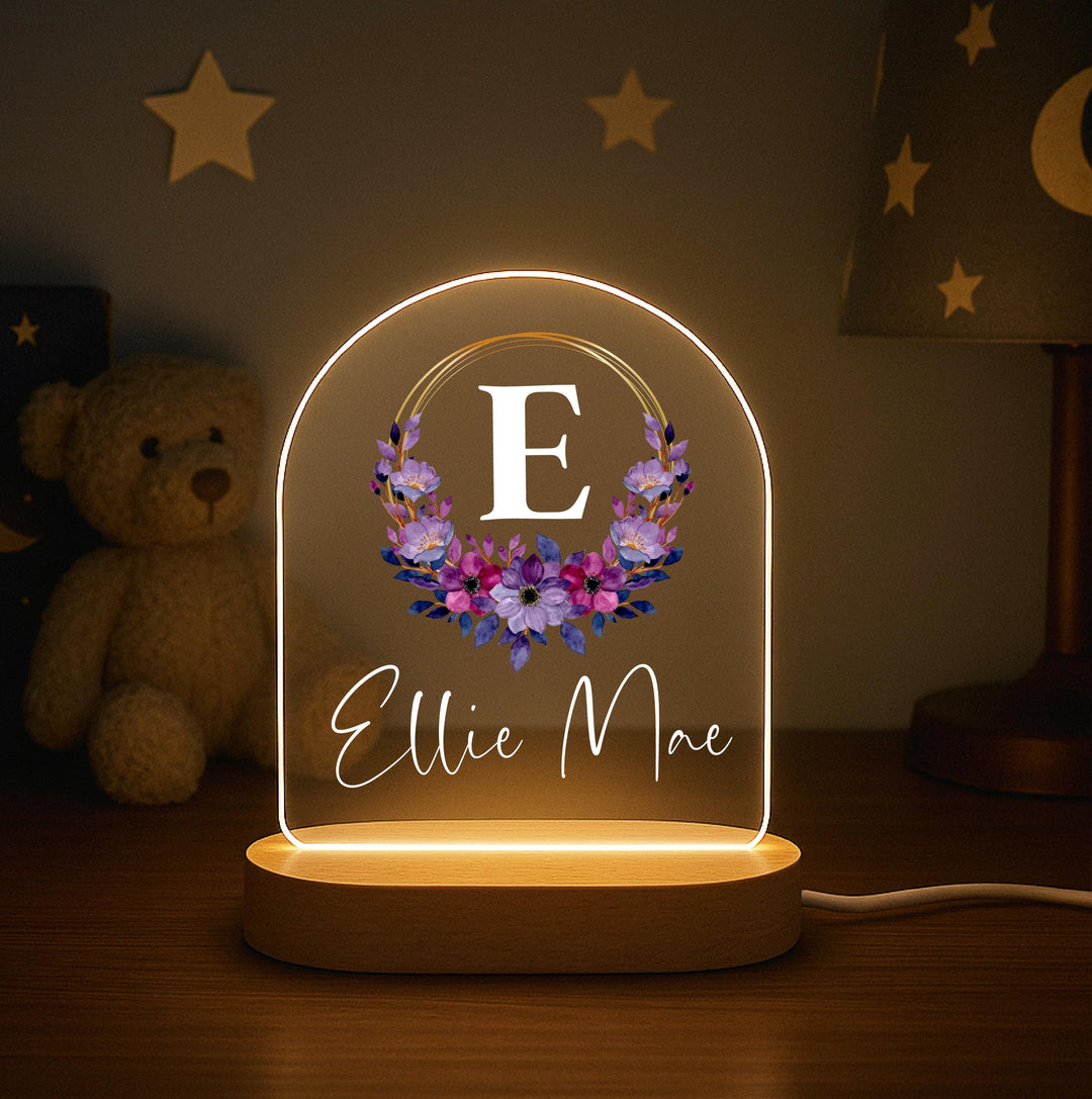 Personalized Name Night Light, Floral Monogram LED Lamp, Custom Initial Nursery Decor, Girls Bedroom Light, Birthday Gift for Her