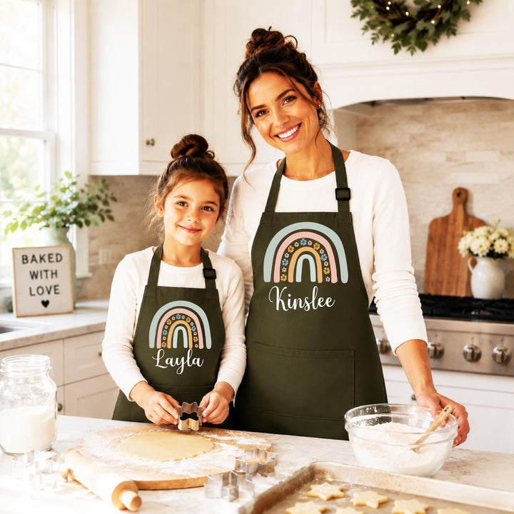 Personalized Mom Daughter Aprons, Boho Floral Rainbow Apron, Custom Name Baking Apron, Matching Mommy Me Kitchen Gift