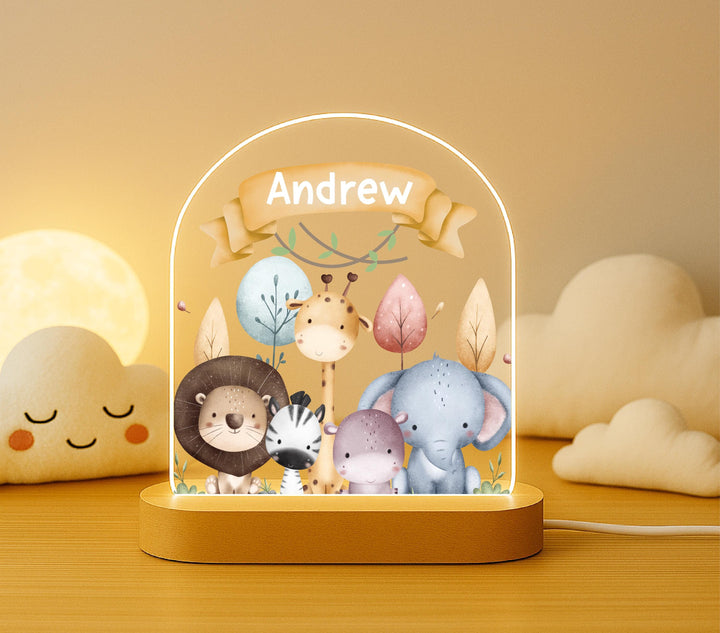 Personalized Safari Animal Night Light, Custom Name Nursery Lamp, Jungle Baby LED Light, Baby Boy Gift, Kids Room Decor, Newborn Gift