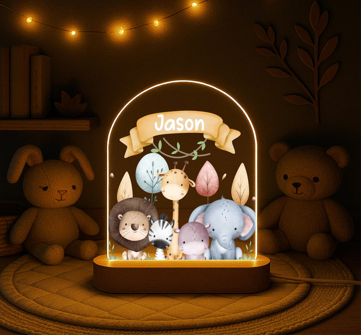 Personalized Safari Animal Night Light, Custom Name Nursery Lamp, Jungle Baby LED Light, Baby Boy Gift, Kids Room Decor, Newborn Gift