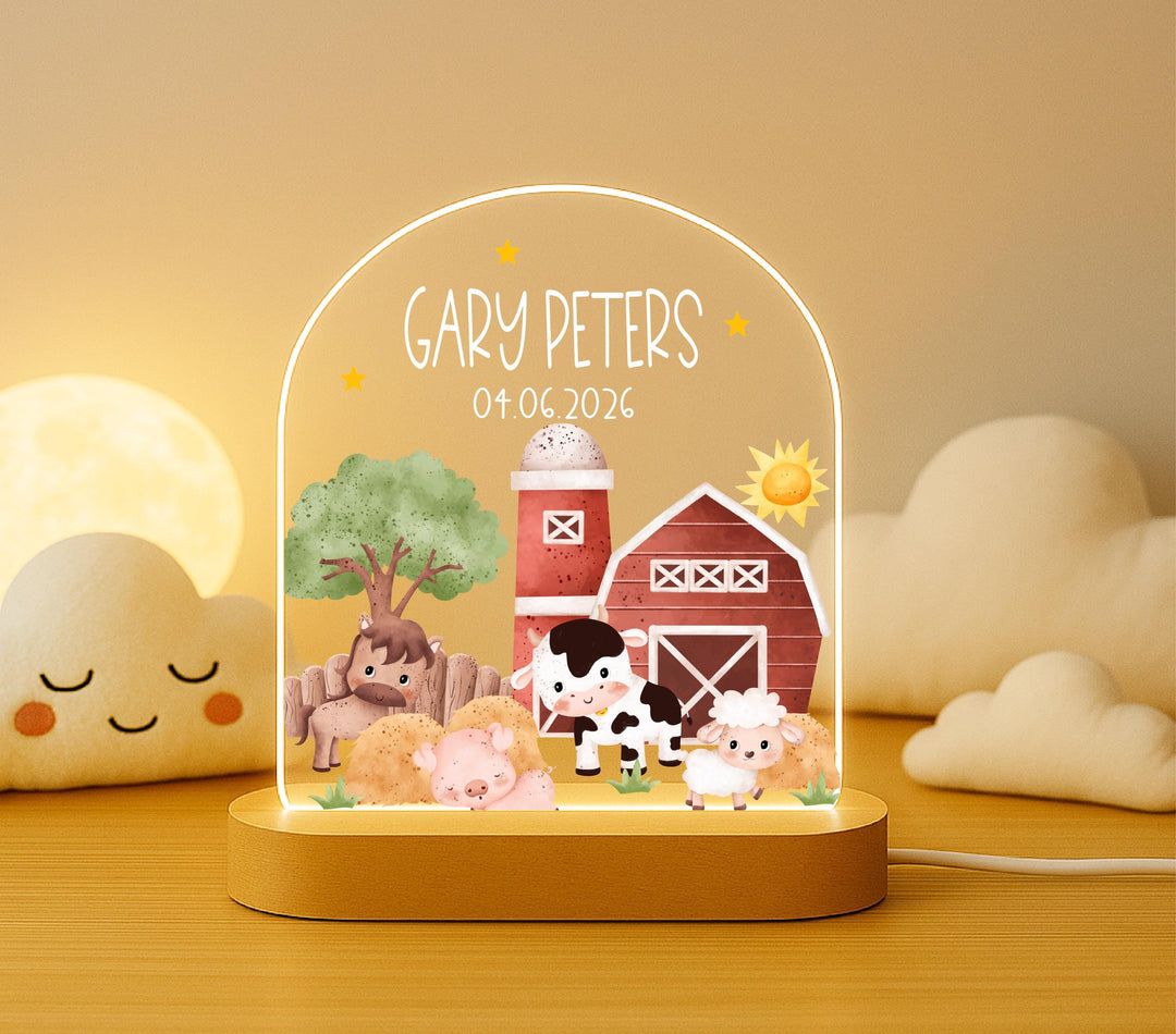 Personalized Farm Animal Night Light, Custom Baby Name Lamp with Birth Date, Barnyard Nursery Decor, Newborn Gift, Baby Shower Gift