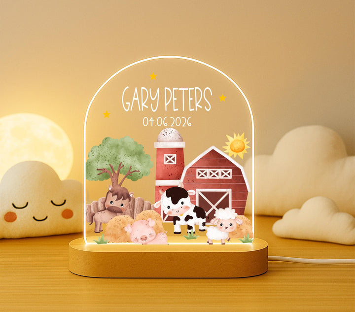 Personalized Farm Animal Night Light, Custom Baby Name Lamp with Birth Date, Barnyard Nursery Decor, Newborn Gift, Baby Shower Gift