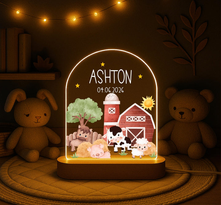 Personalized Farm Animal Night Light, Custom Baby Name Lamp with Birth Date, Barnyard Nursery Decor, Newborn Gift, Baby Shower Gift