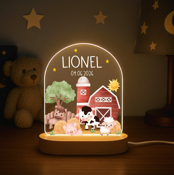 Personalized Farm Animal Night Light, Custom Baby Name Lamp with Birth Date, Barnyard Nursery Decor, Newborn Gift, Baby Shower Gift