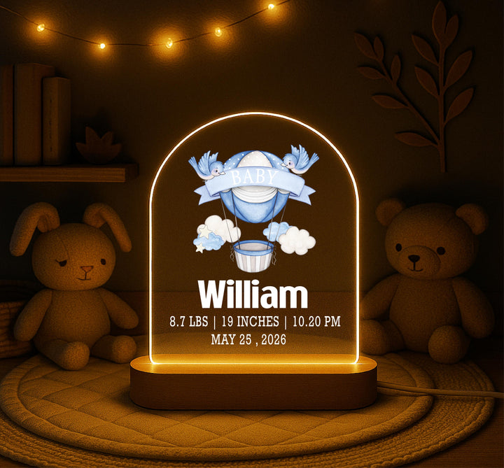 Personalized Baby Birth Stats Night Light, Custom Name Nursery Lamp, Hot Air Balloon Baby Gift, Newborn Keepsake, Boy Girl Nursery Decor