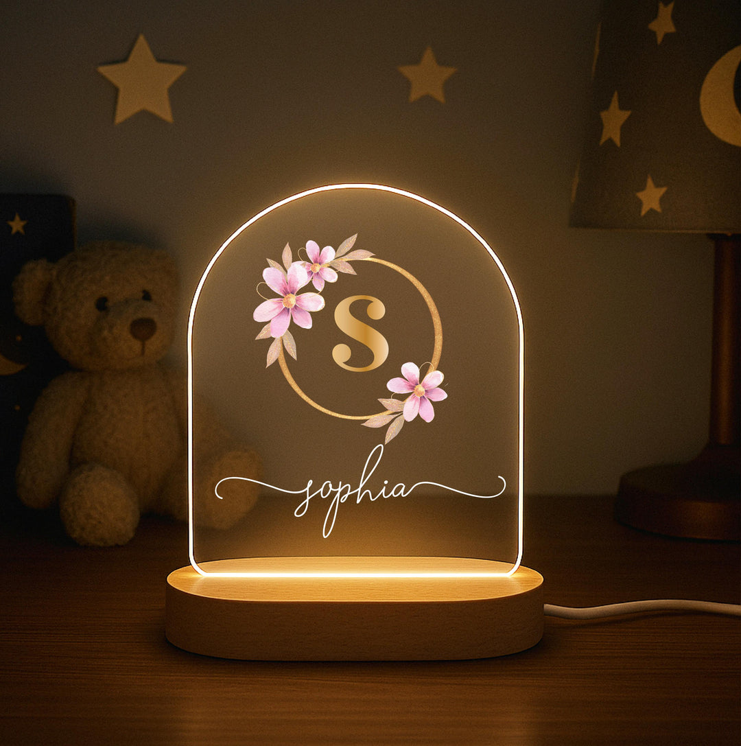 Personalized initial Floral Night Light, Custom Name Monogram LED Lamp, Initial Name Light for Girl, Nursery Decor, Birthday Gift for Her