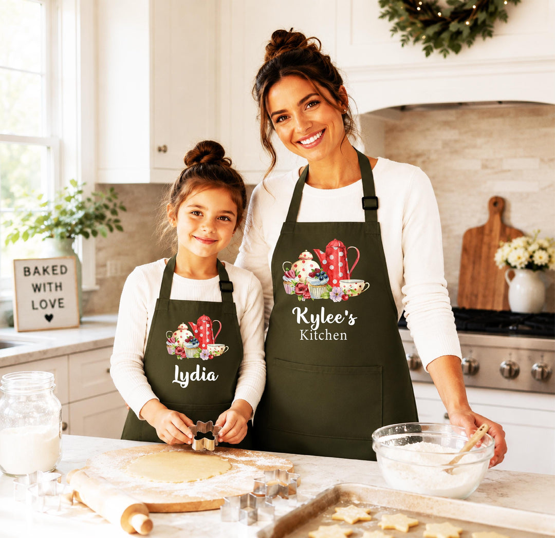 Custom Name Baking Aprons, Mother Daughter Gift, Tea Party Apron Personalized Mom and Daughter Aprons