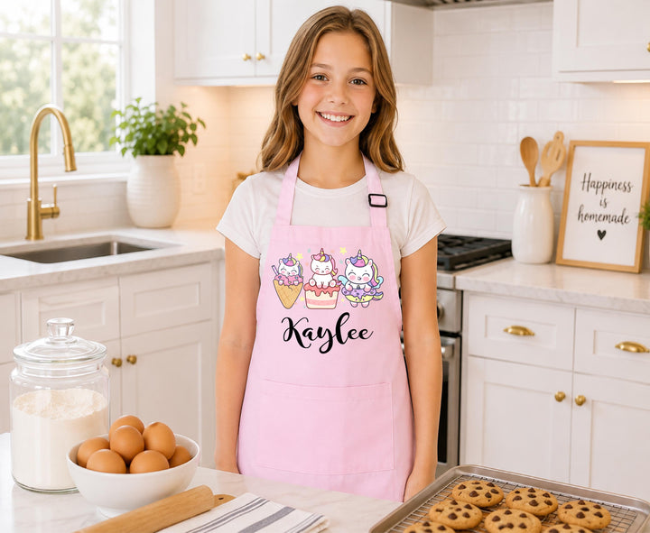 Personalized Unicorn Apron for Girls, Custom Name Kids Baking Apron, Cute Cupcake Unicorn Kitchen Apron, Little Chef Birthday Christmas Gift