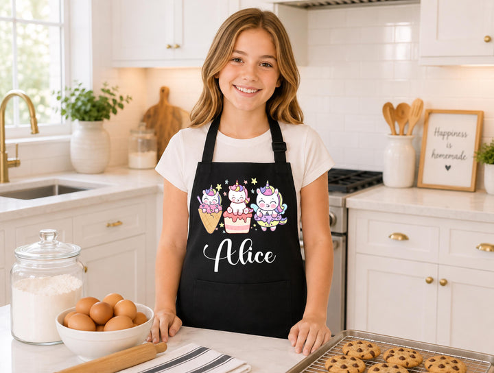 Personalized Unicorn Apron for Girls, Custom Name Kids Baking Apron, Cute Cupcake Unicorn Kitchen Apron, Little Chef Birthday Christmas Gift
