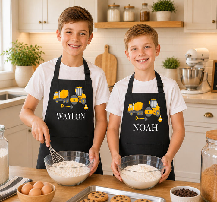 Personalized Construction Apron for Boys, Custom Name Kids Baking Apron, Truck Digger Little Chef Apron, Birthday Christmas Gift