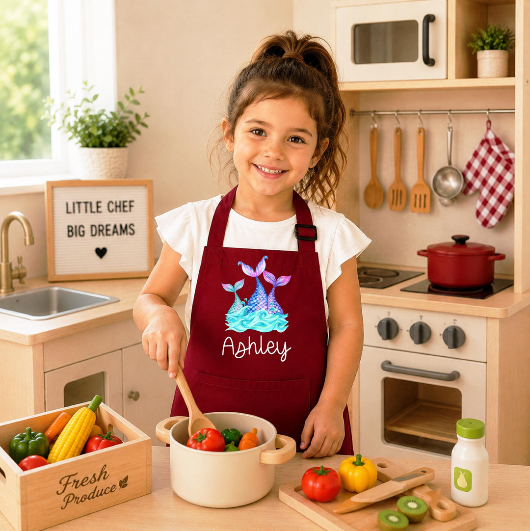 Personalized Mermaid Apron for Girls, Custom Name Kids Baking Apron, Mermaid Tail Little Chef Apron, Birthday Christmas Gift for Girl