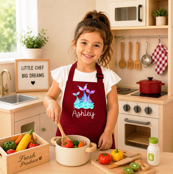 Personalized Mermaid Apron for Girls, Custom Name Kids Baking Apron, Mermaid Tail Little Chef Apron, Birthday Christmas Gift for Girl