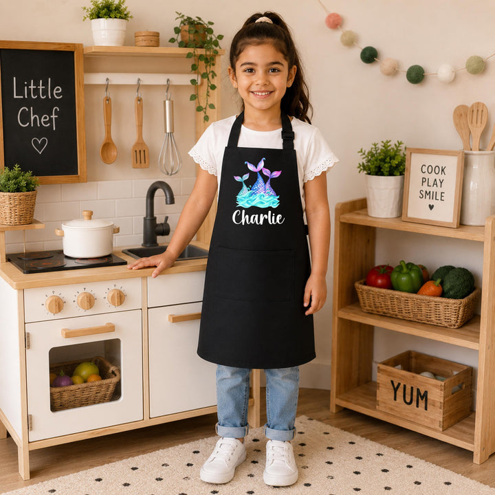 Personalized Mermaid Apron for Girls, Custom Name Kids Baking Apron, Mermaid Tail Little Chef Apron, Birthday Christmas Gift for Girl